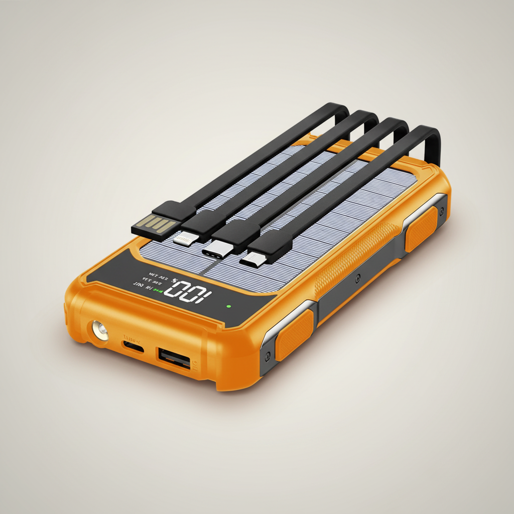 Solar-Powerbank mit integrierten Kabeln und Schnellladetechnologie