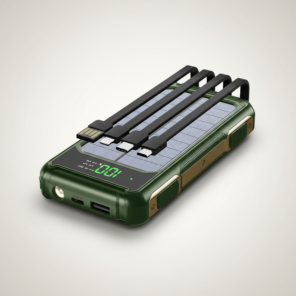 Solar-Powerbank mit integrierten Kabeln und Schnellladetechnologie