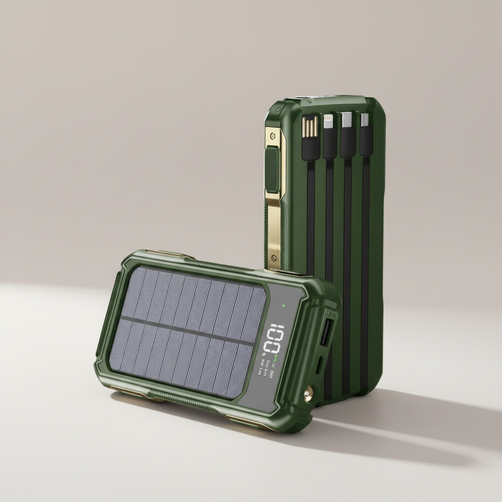 Solar-Powerbank mit integrierten Kabeln und Schnellladetechnologie