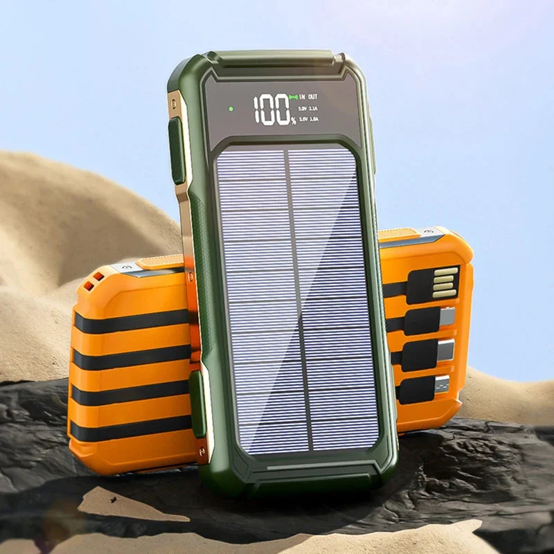 Solar-Powerbank mit integrierten Kabeln und Schnellladetechnologie