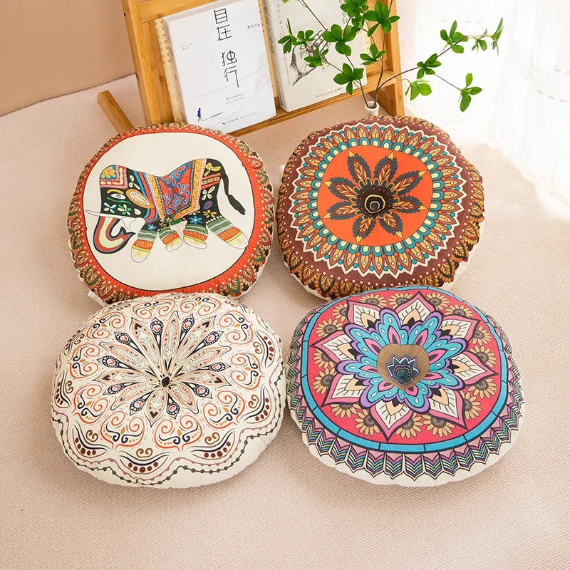 Rundes Bohemian-Bodenkissen mit geometrischem Druck, atmungsaktiv