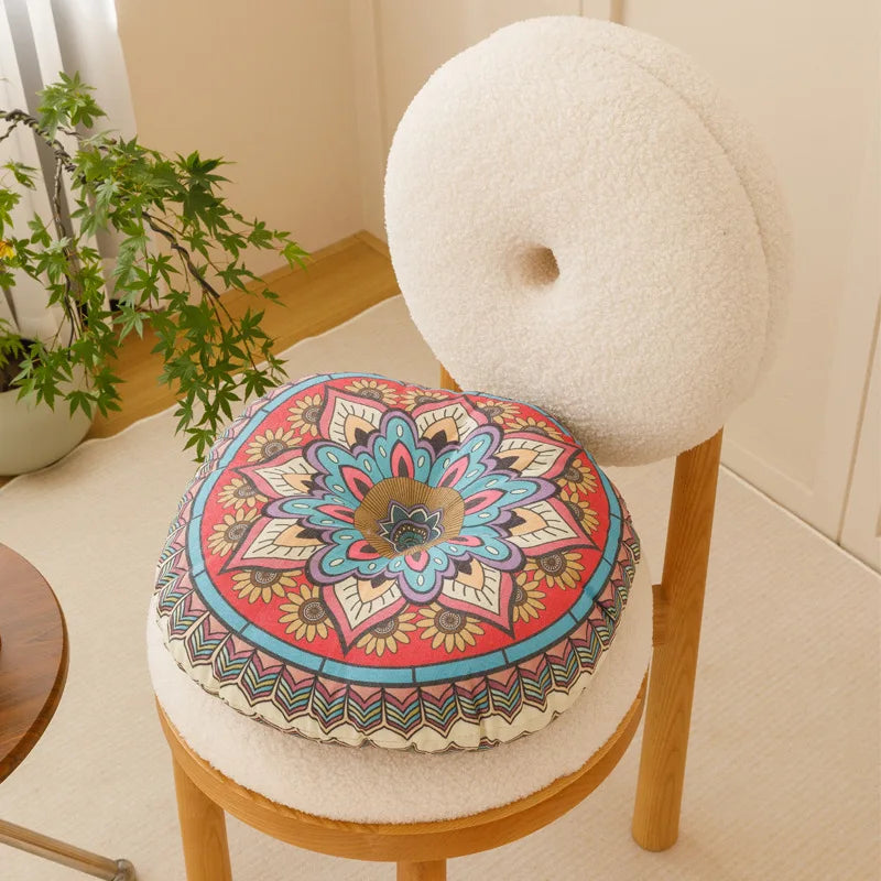 Rundes Bohemian-Bodenkissen mit geometrischem Druck, atmungsaktiv
