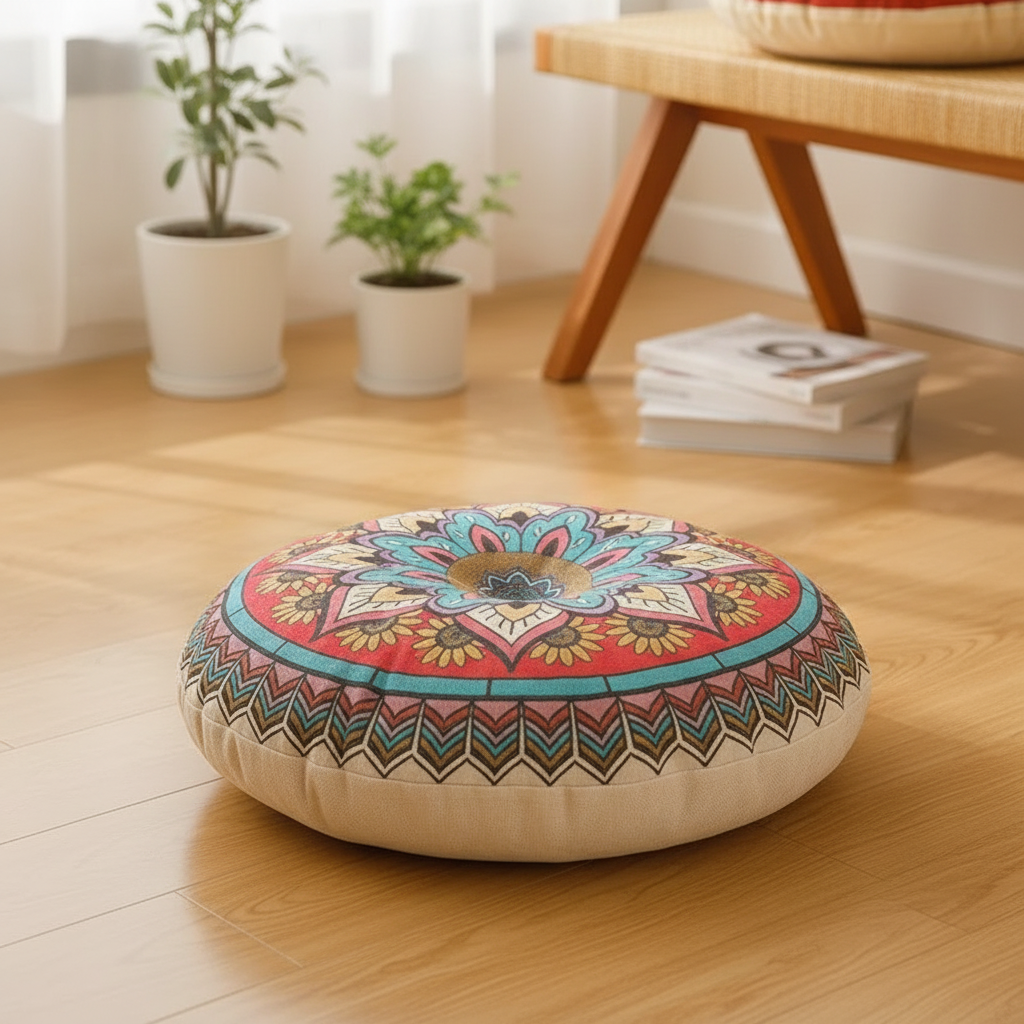 Rundes Bohemian-Bodenkissen mit geometrischem Druck, atmungsaktiv