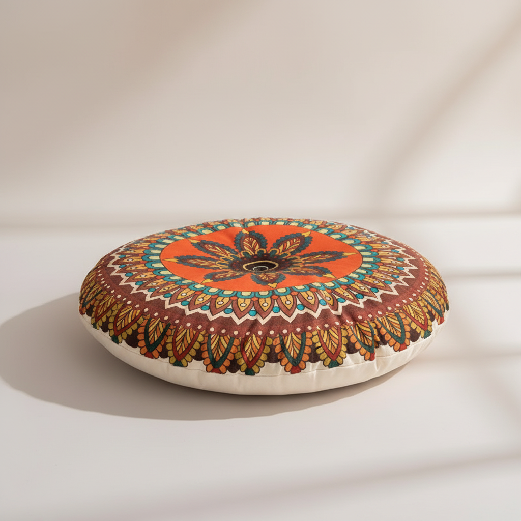 Rundes Bohemian-Bodenkissen mit geometrischem Druck, atmungsaktiv