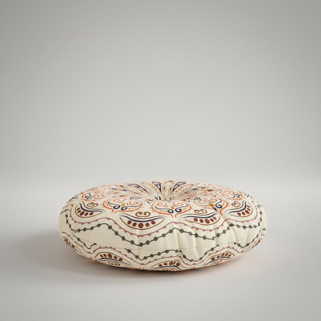 Rundes Bohemian-Bodenkissen mit geometrischem Druck, atmungsaktiv