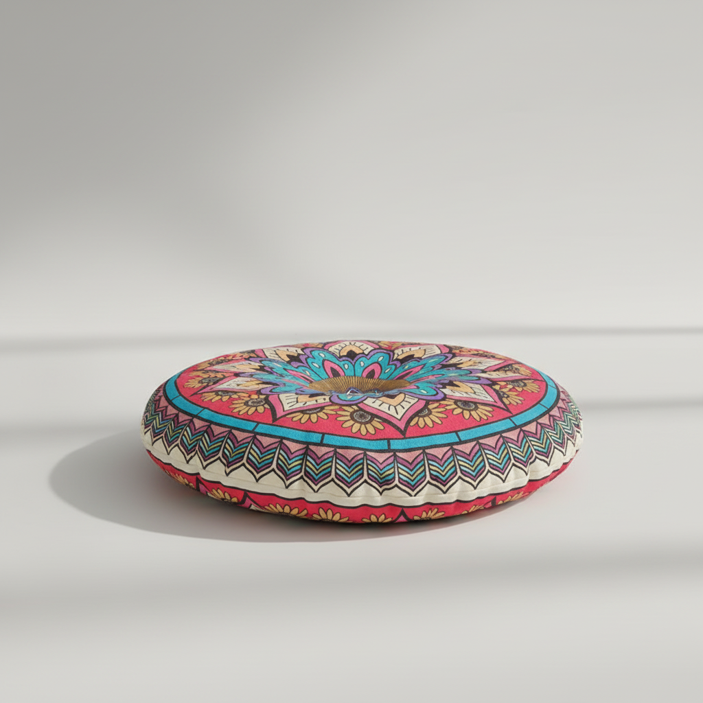 Rundes Bohemian-Bodenkissen mit geometrischem Druck, atmungsaktiv