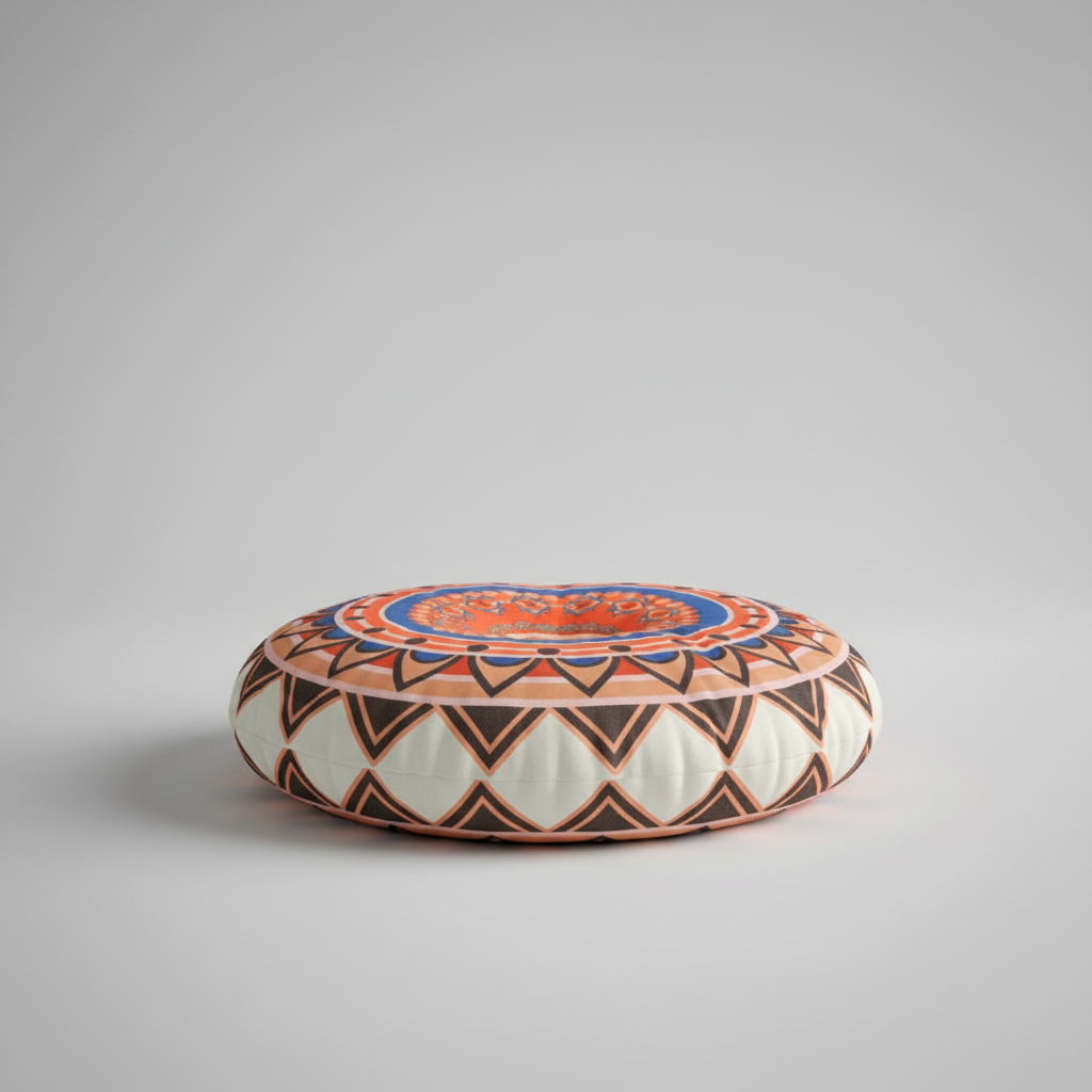 Rundes Bohemian-Bodenkissen mit geometrischem Druck, atmungsaktiv