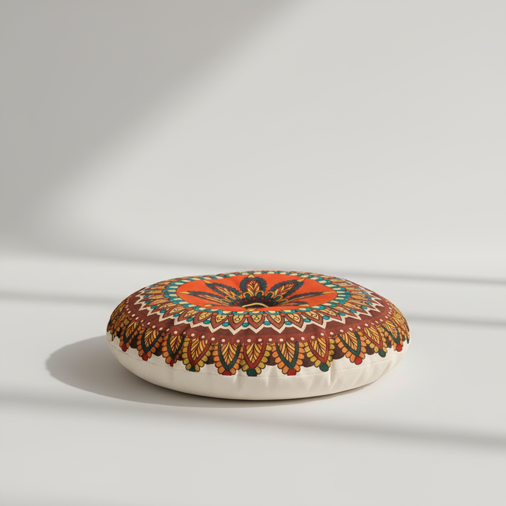 Rundes Bohemian-Bodenkissen mit geometrischem Druck, atmungsaktiv