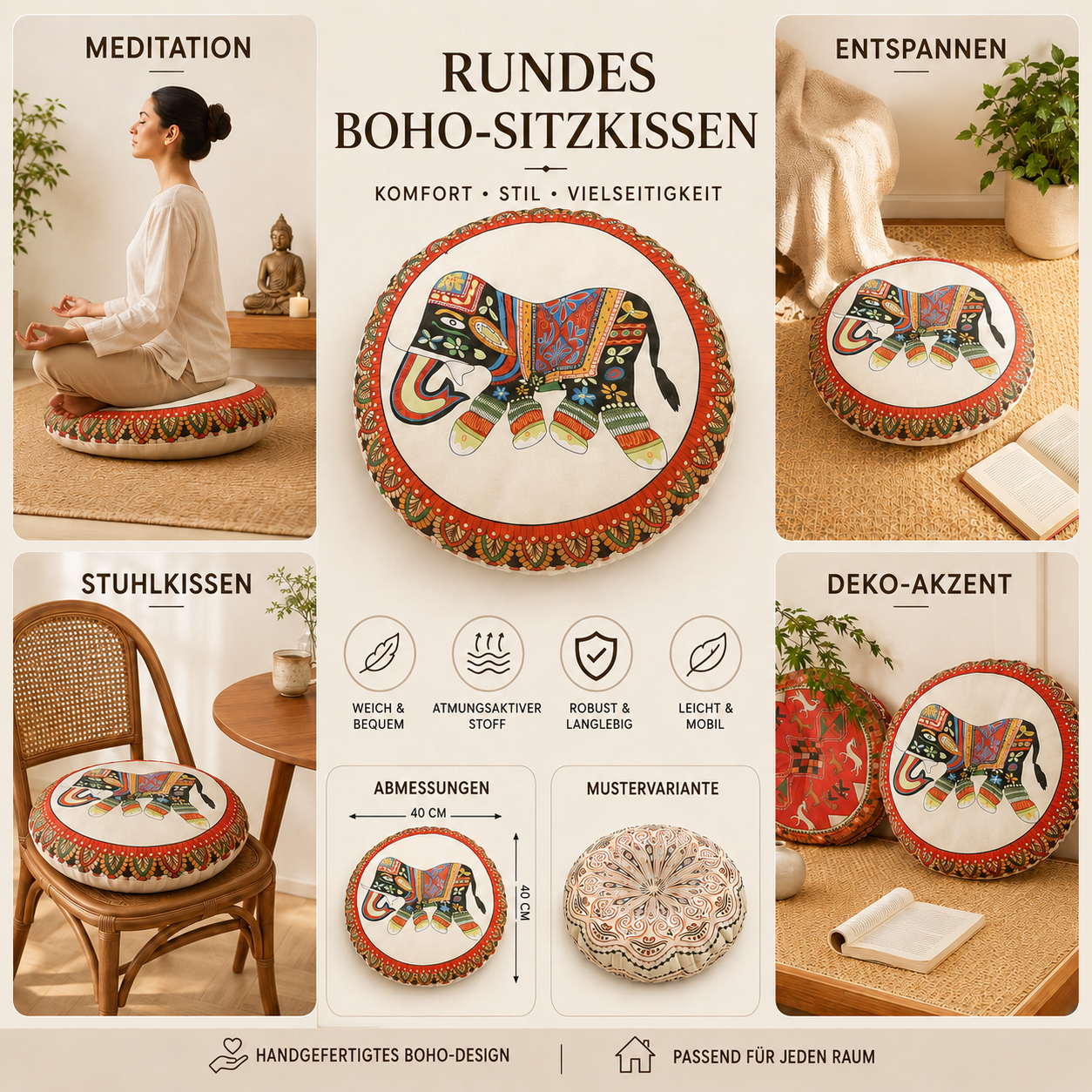 Nordspur | Solivra Rundes Bohemian-Bodenkissen