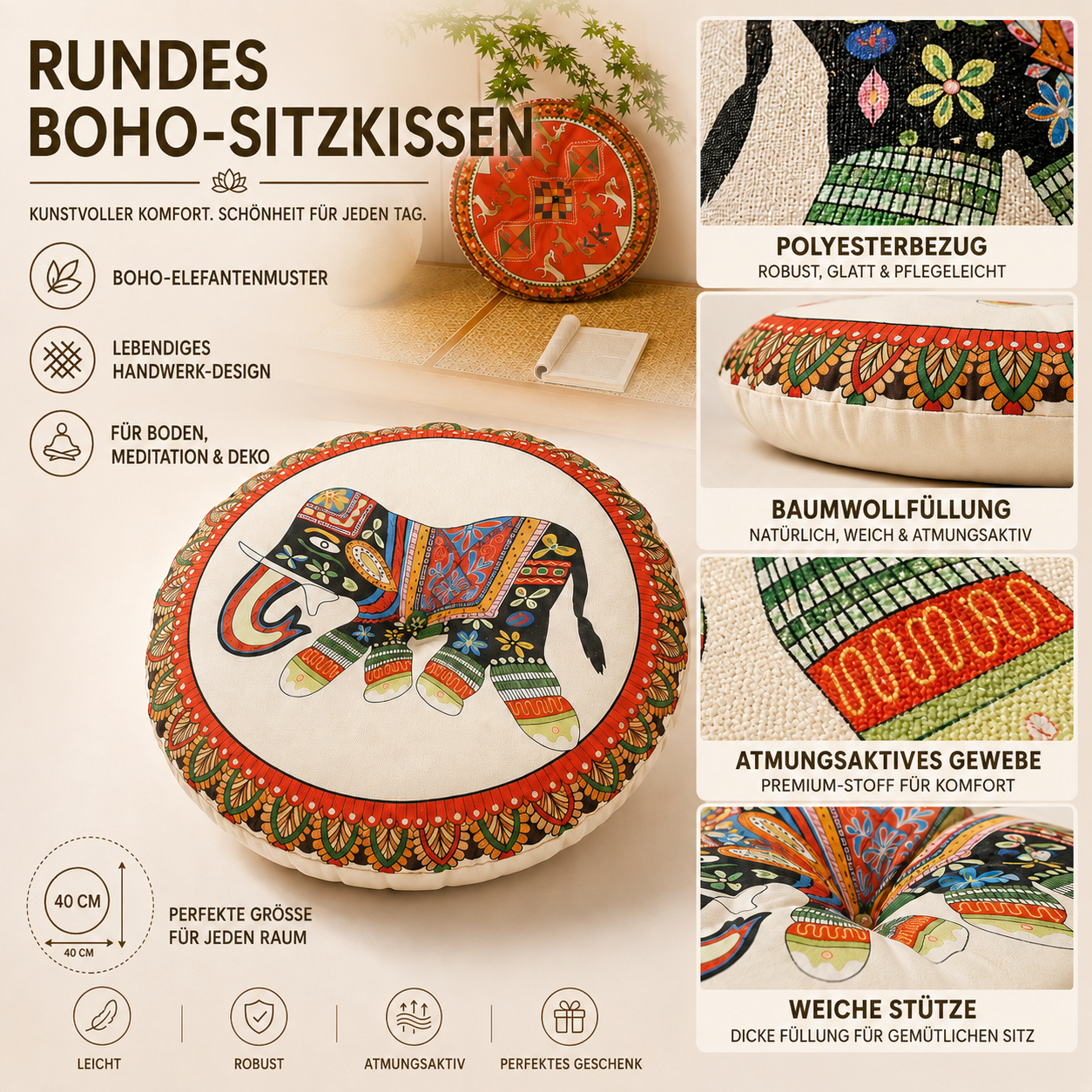 Nordspur | Solivra Rundes Bohemian-Bodenkissen