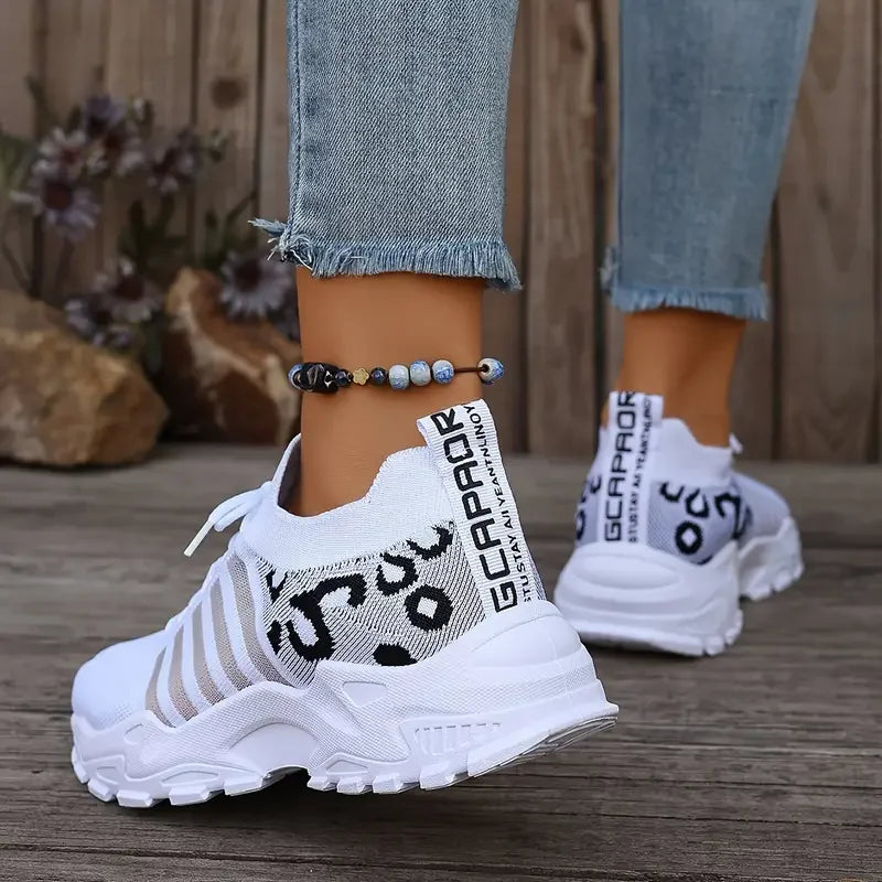 Damen Sneaker Leopardenmuster Strickschaft atmungsaktiv Schnürer