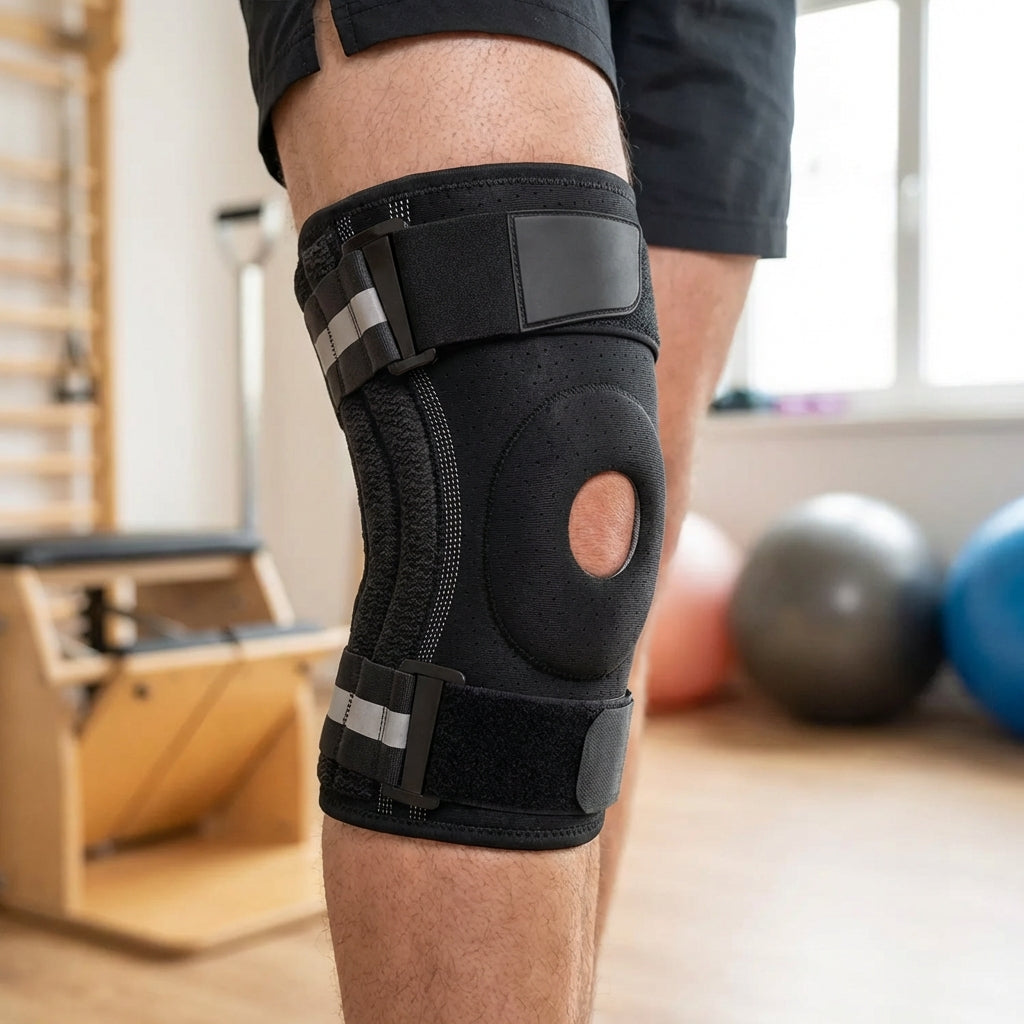Verstellbare Kniebandage mit Gelenk und Seitenstabilisatoren für Stabilität