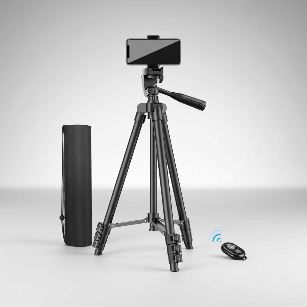 Leichtes Aluminium-Kamerastativ mit Bluetooth-Fernbedienung und Telefonhalterung