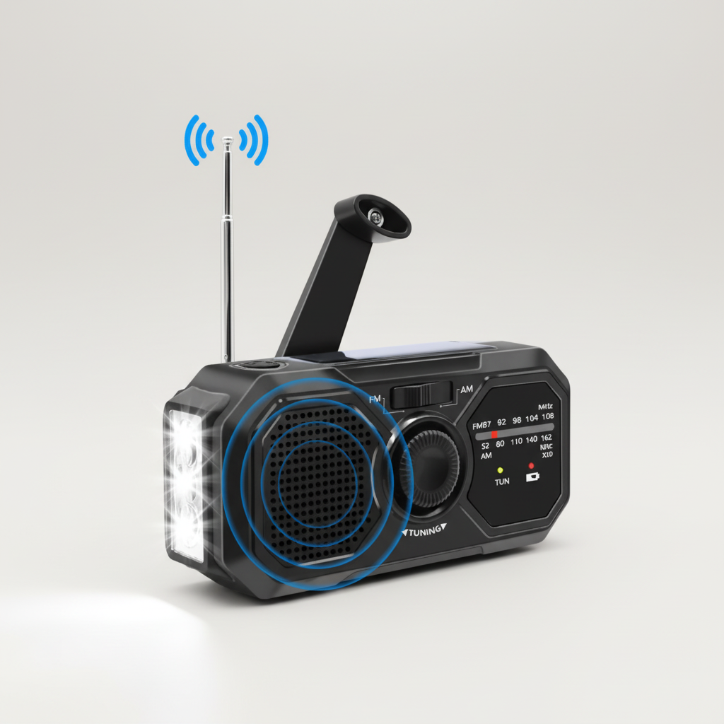 Notfallradio mit Kurbelantrieb, Solarpanel und integrierter Taschenlampe