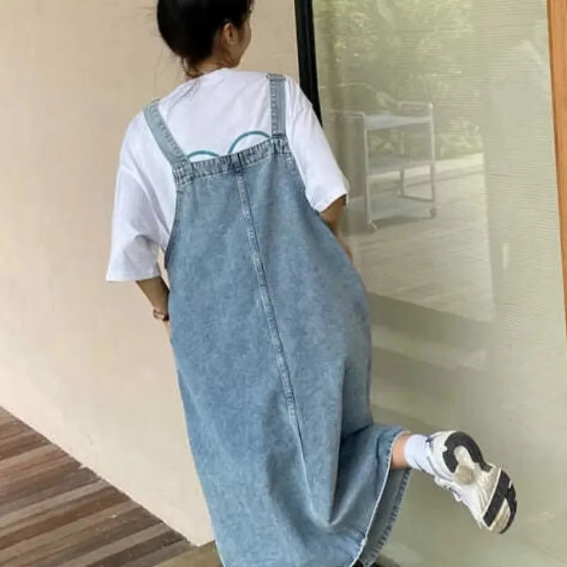 Denim-Trägerkleid Midi legere Passform verstellbare Träger