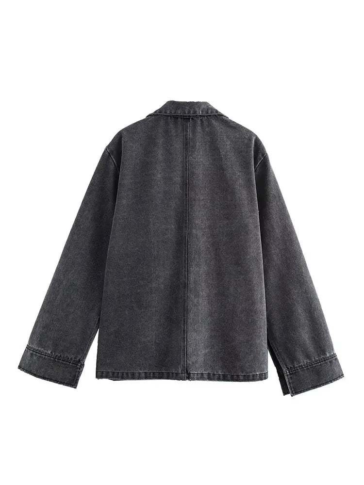Denim Co-Ord Set Damen gewaschenes Grau Zweiteiler Umlegekragen weites Bein