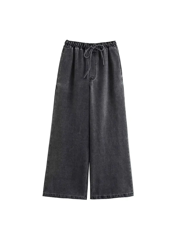 Denim Co-Ord Set Damen gewaschenes Grau Zweiteiler Umlegekragen weites Bein