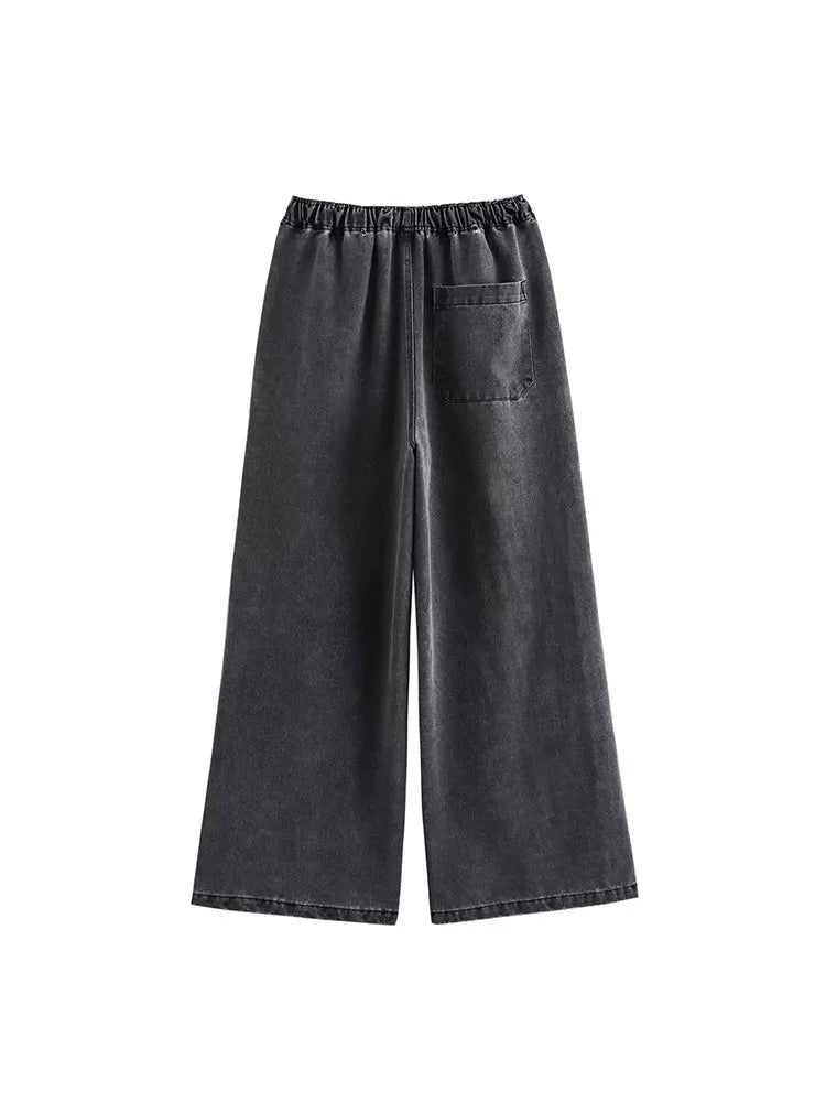 Denim Co-Ord Set Damen gewaschenes Grau Zweiteiler Umlegekragen weites Bein
