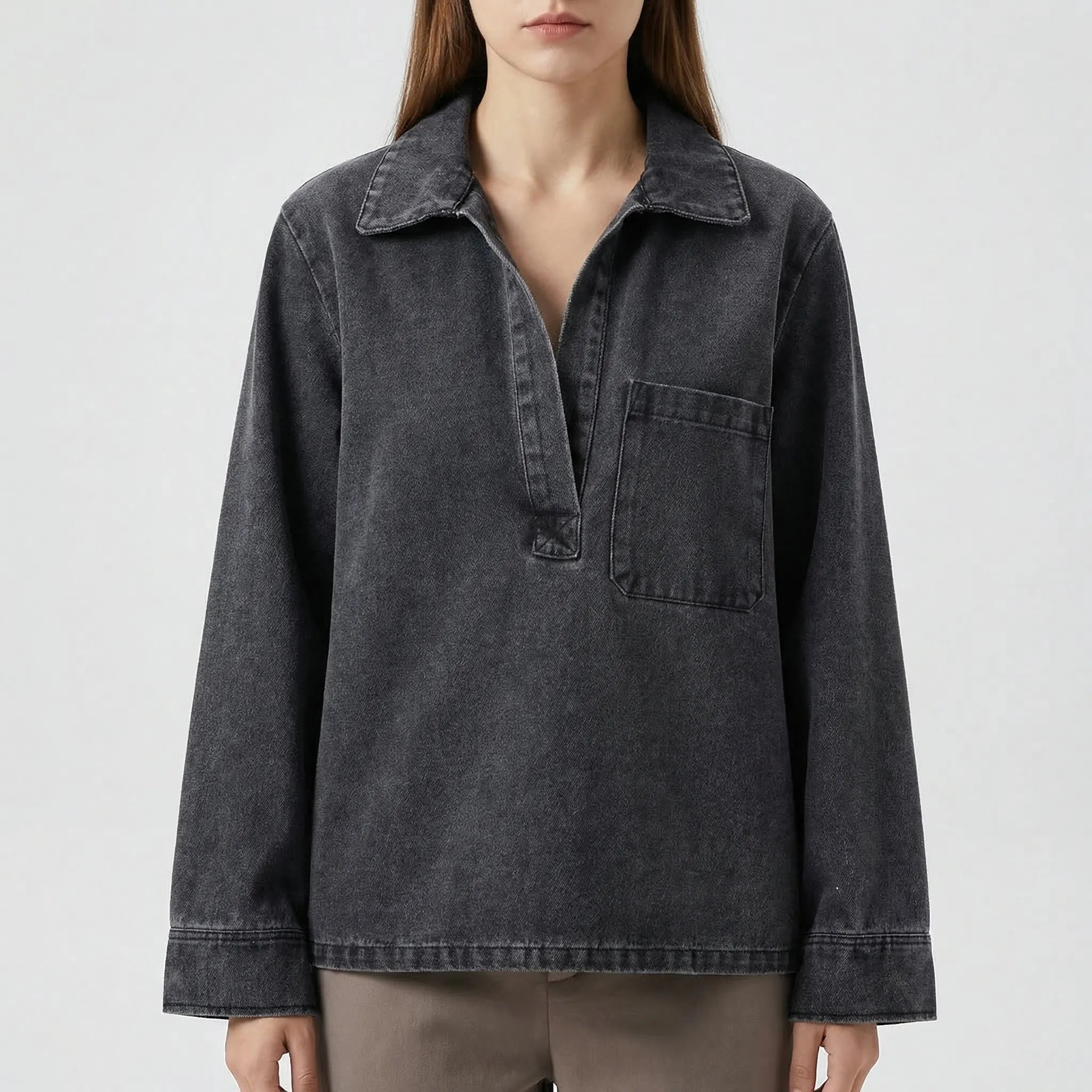 Denim Co-Ord Set Damen gewaschenes Grau Zweiteiler Umlegekragen weites Bein