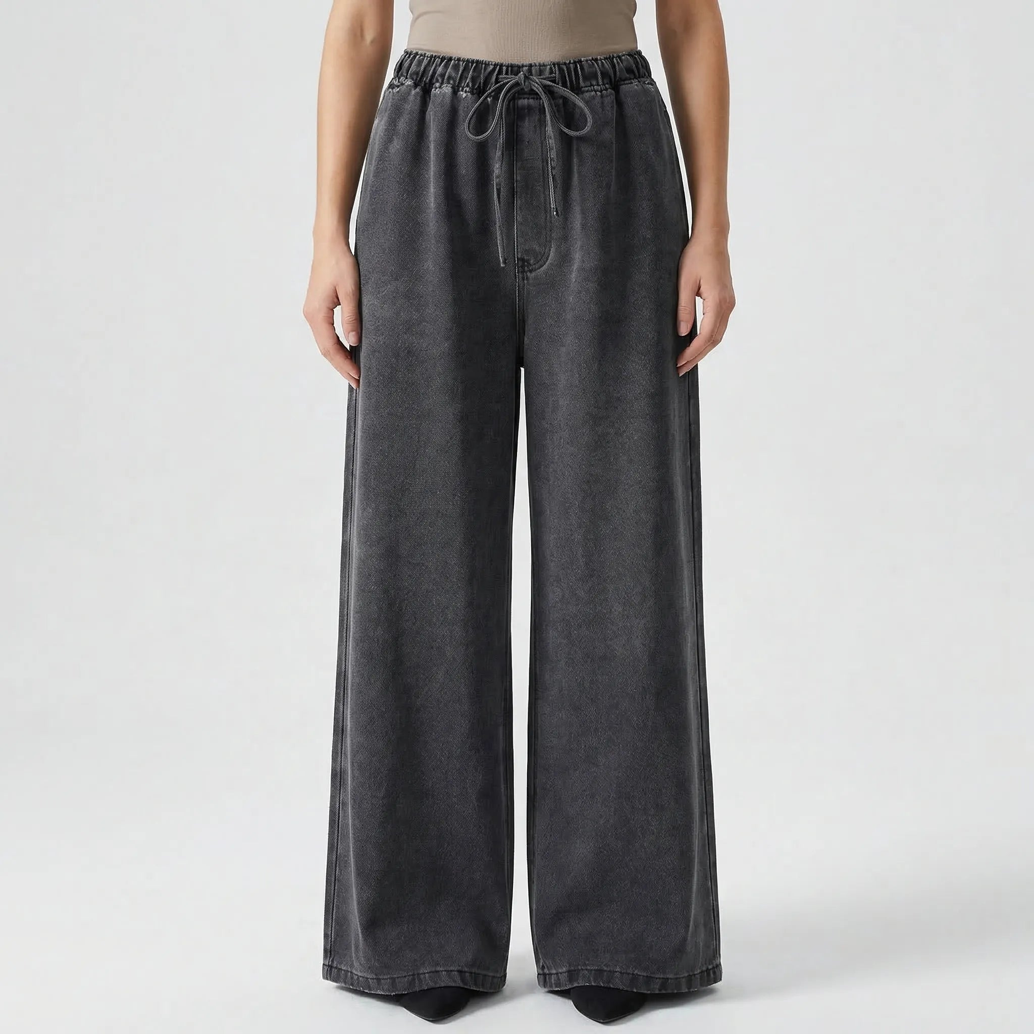 Denim Co-Ord Set Damen gewaschenes Grau Zweiteiler Umlegekragen weites Bein