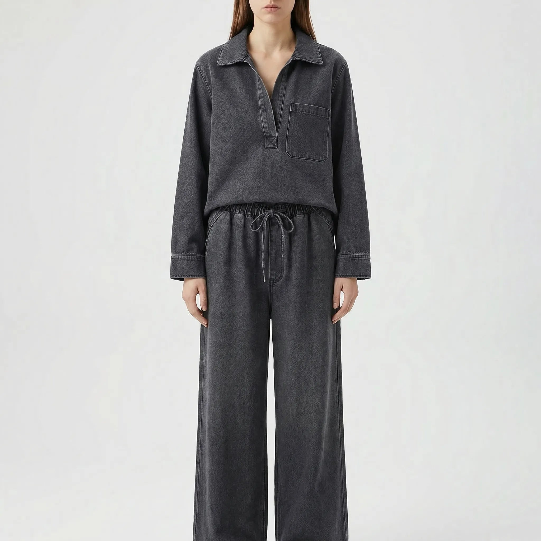 Denim Co-Ord Set Damen gewaschenes Grau Zweiteiler Umlegekragen weites Bein