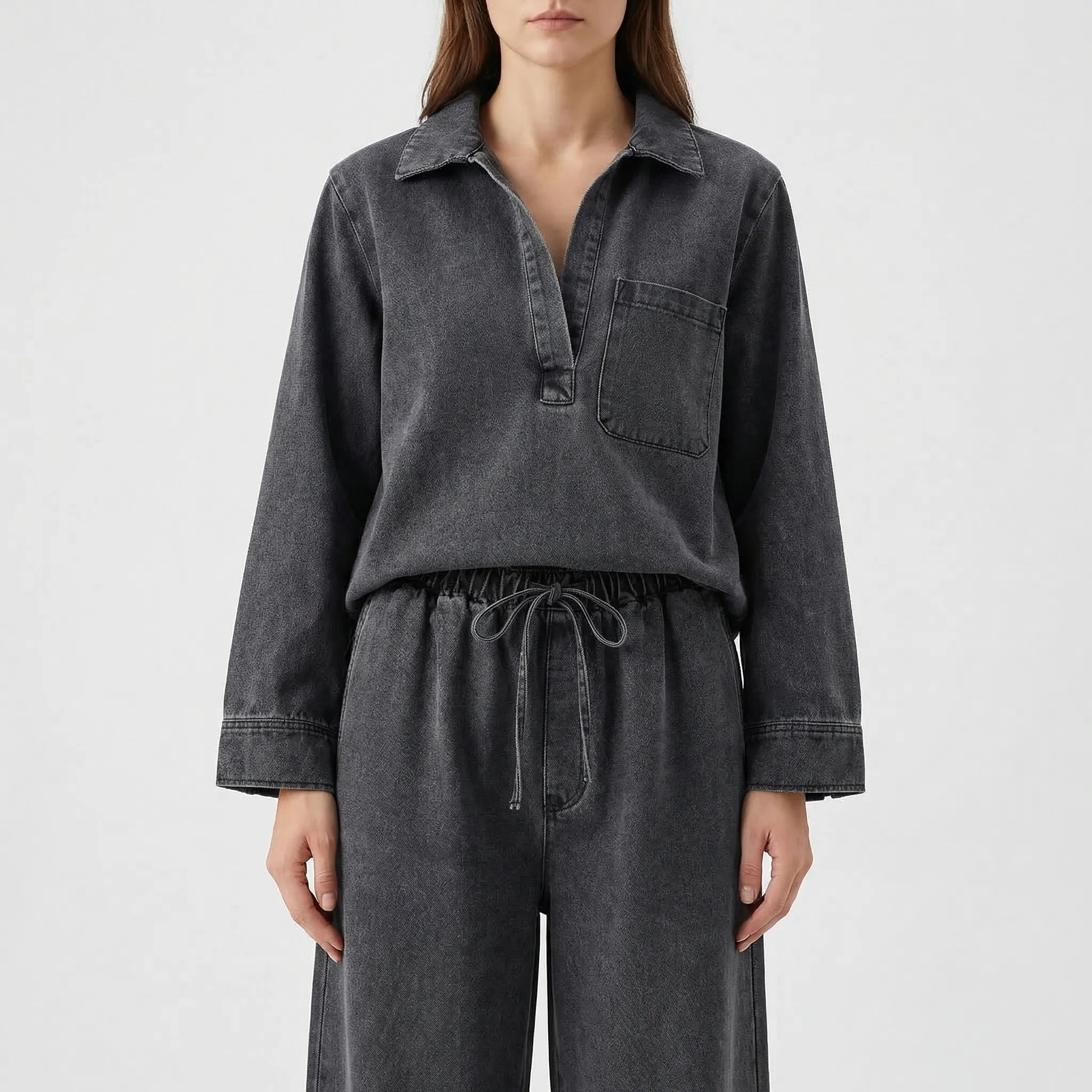 Denim Co-Ord Set Damen gewaschenes Grau Zweiteiler Umlegekragen weites Bein