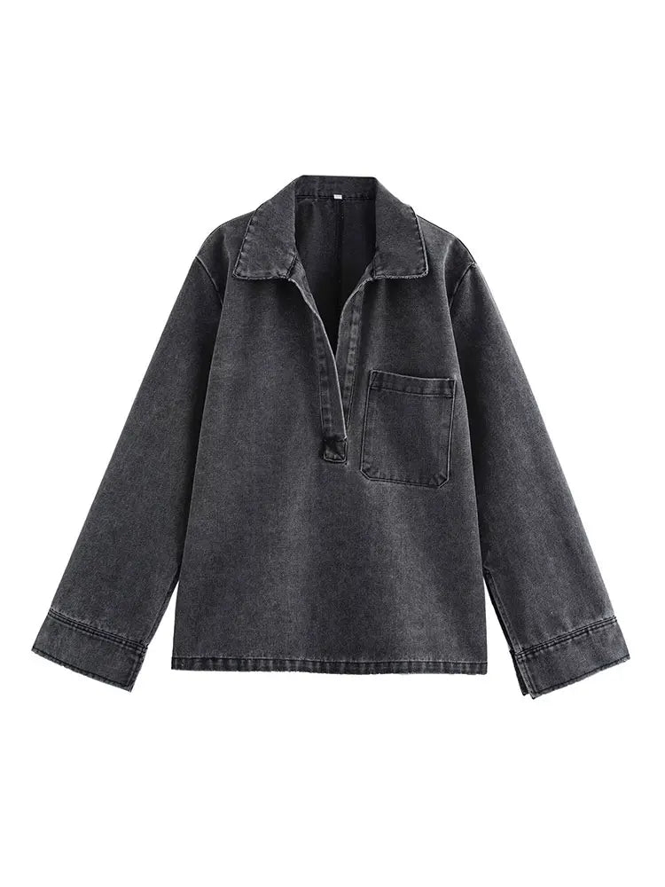 Denim Co-Ord Set Damen gewaschenes Grau Zweiteiler Umlegekragen weites Bein
