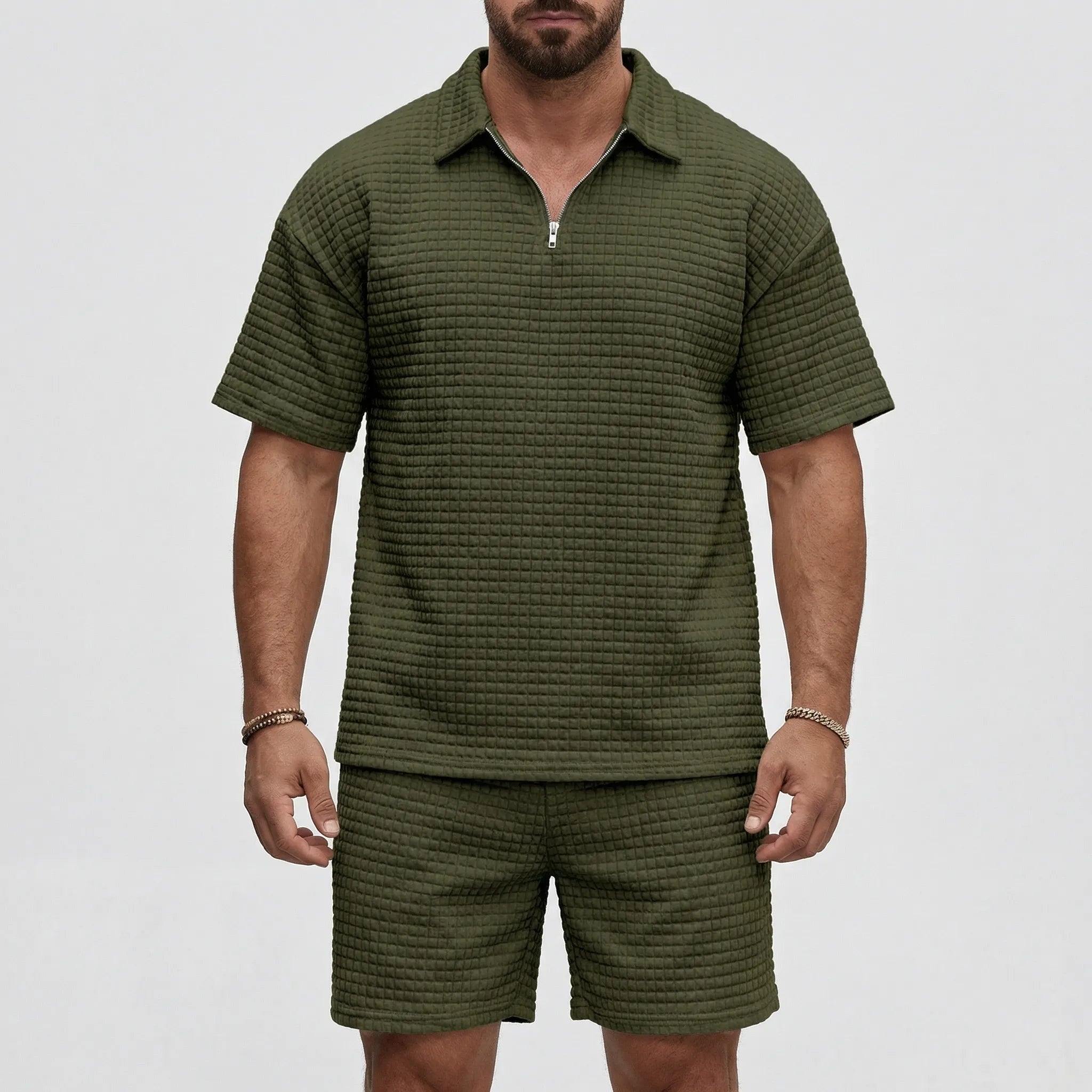 Herren Sommer Set aus strukturiertem Polo-Shirt und passenden Shorts mit Reißverschlusskragen