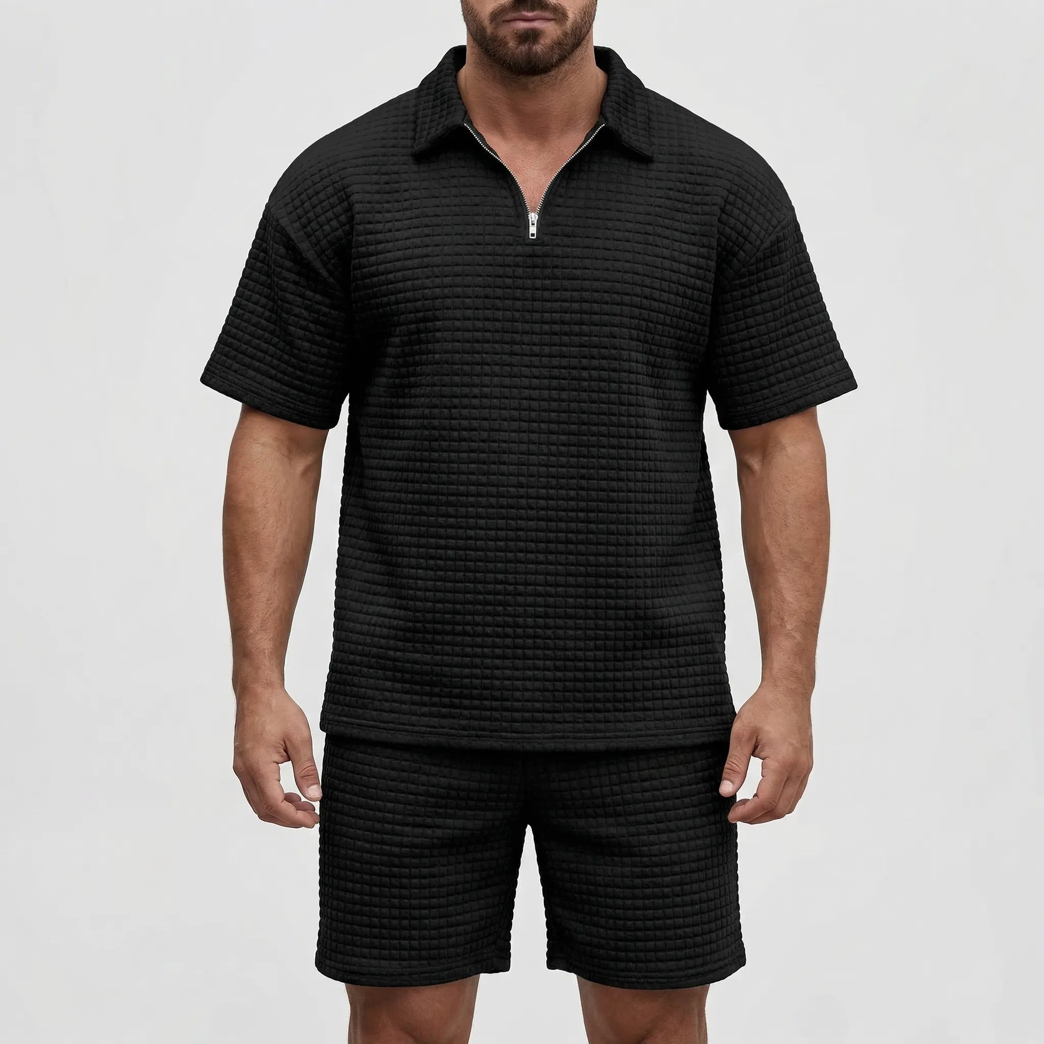 Herren Sommer Set aus strukturiertem Polo-Shirt und passenden Shorts mit Reißverschlusskragen