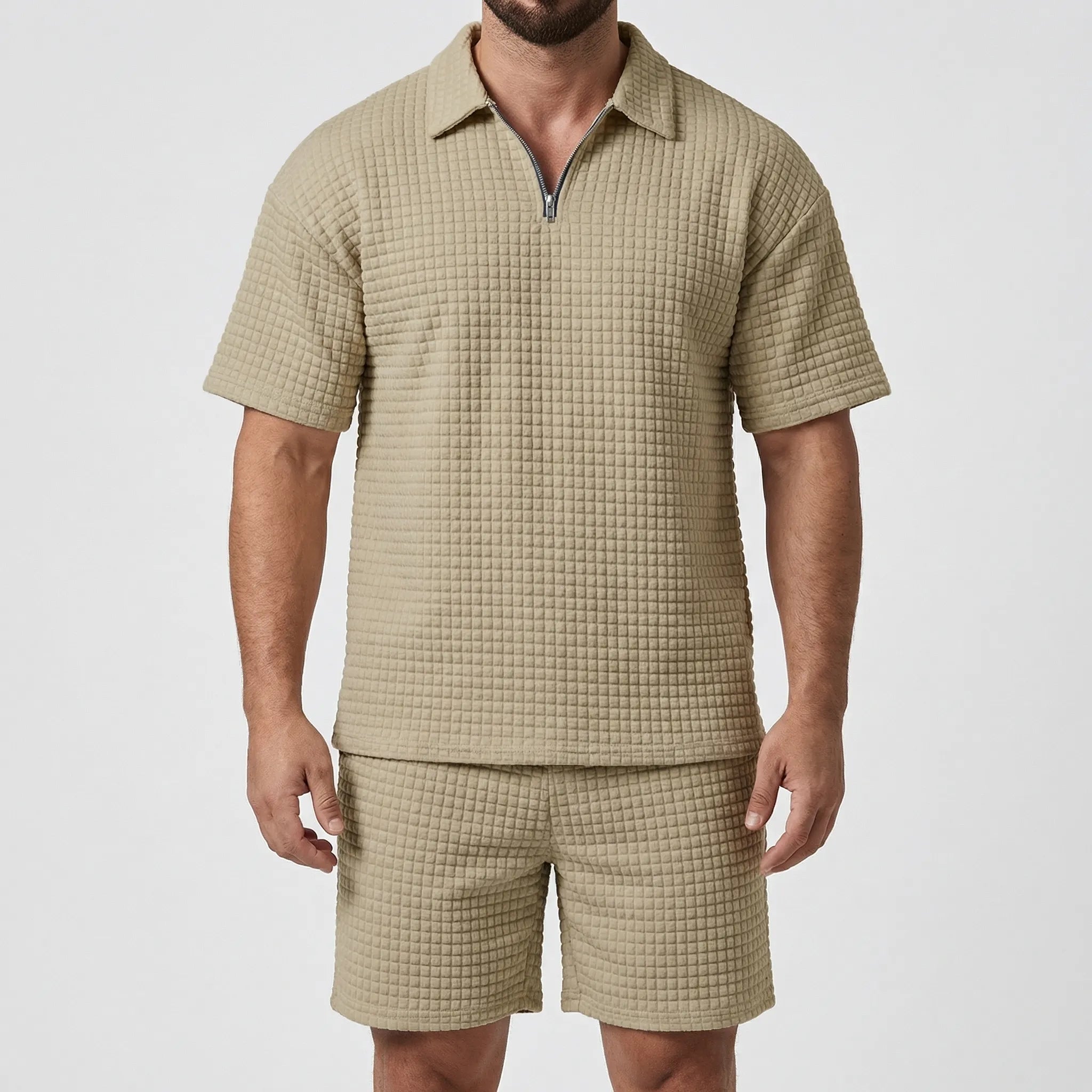 Herren Sommer Set aus strukturiertem Polo-Shirt und passenden Shorts mit Reißverschlusskragen