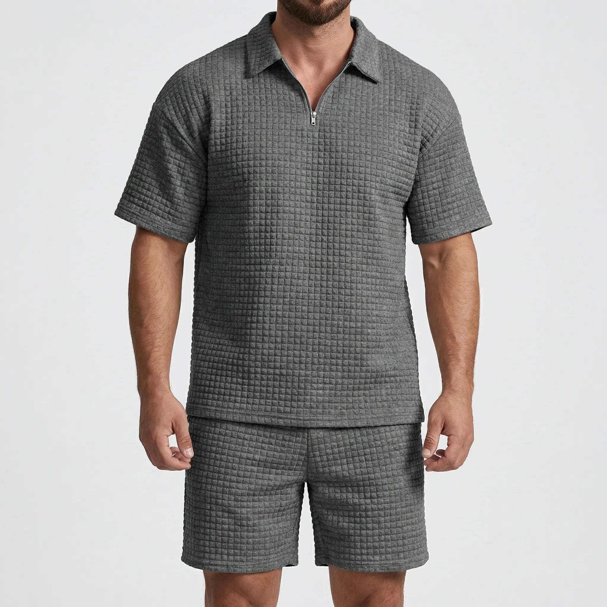 Herren Sommer Set aus strukturiertem Polo-Shirt und passenden Shorts mit Reißverschlusskragen