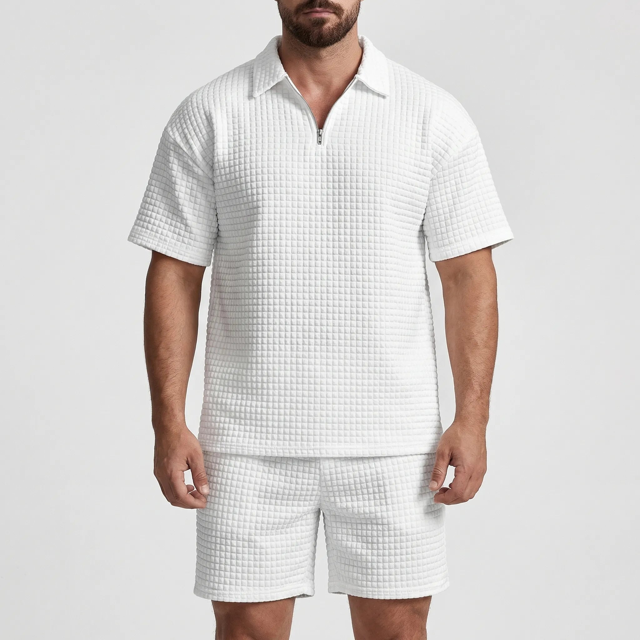 Herren Sommer Set aus strukturiertem Polo-Shirt und passenden Shorts mit Reißverschlusskragen