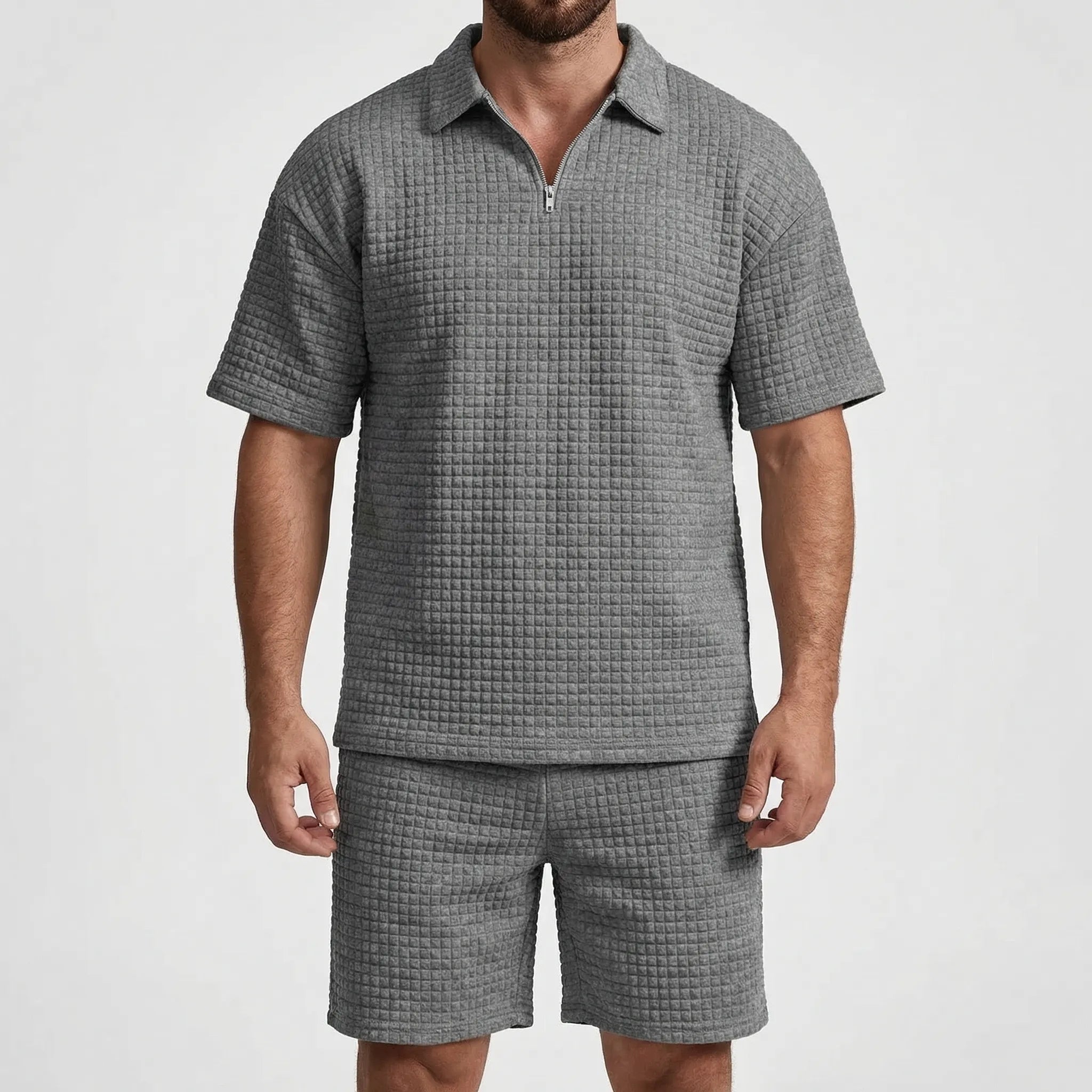 Herren Sommer Set aus strukturiertem Polo-Shirt und passenden Shorts mit Reißverschlusskragen