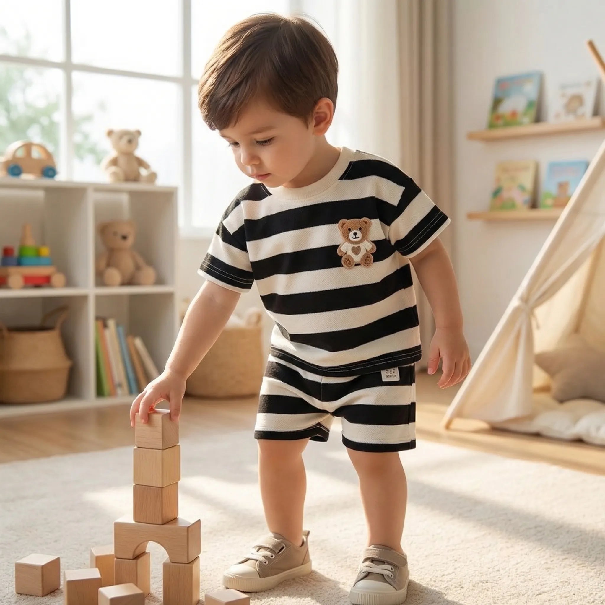 Kinder Sommer Set gestreiftes T-Shirt und Shorts mit Bärchen-Stickerei