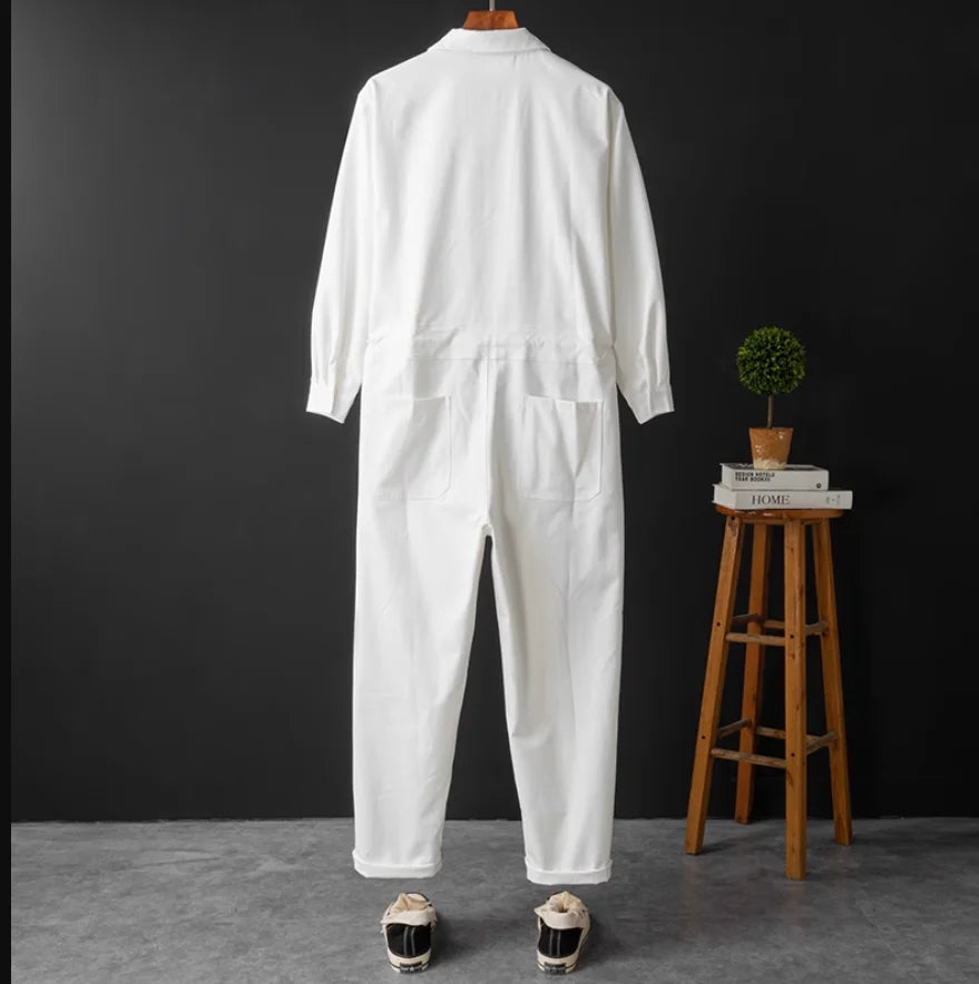 Langarm-Jumpsuit Cargo-Taschen weißer Stoff strukturierter Kragen