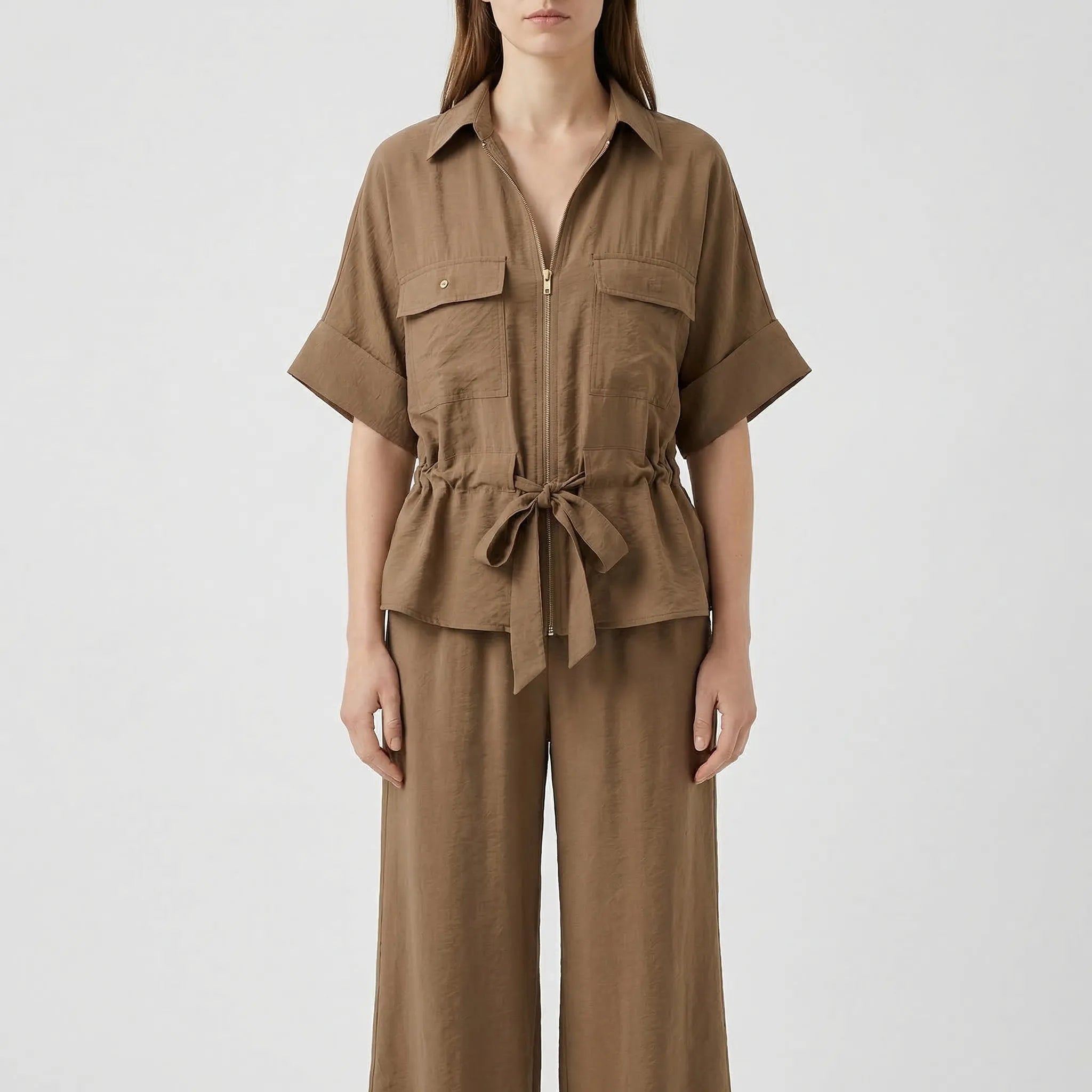 Damen Zweiteiler Set Hemd mit Gürtel und Hose mit weitem Bein