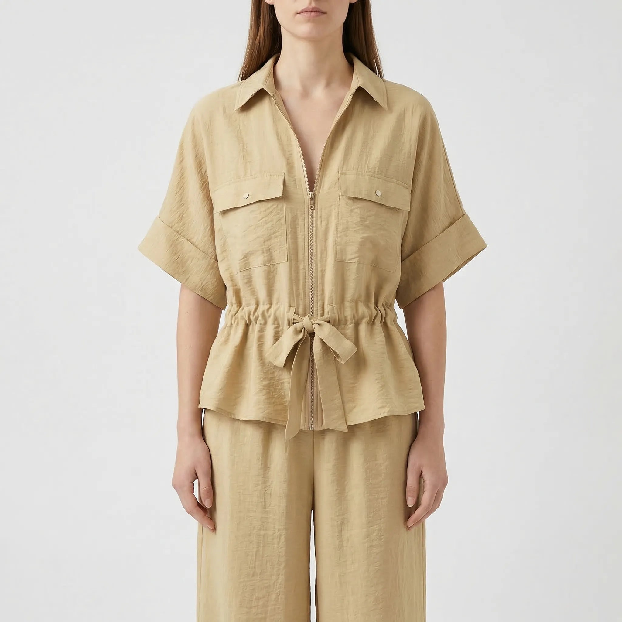 Damen Zweiteiler Set Hemd mit Gürtel und Hose mit weitem Bein