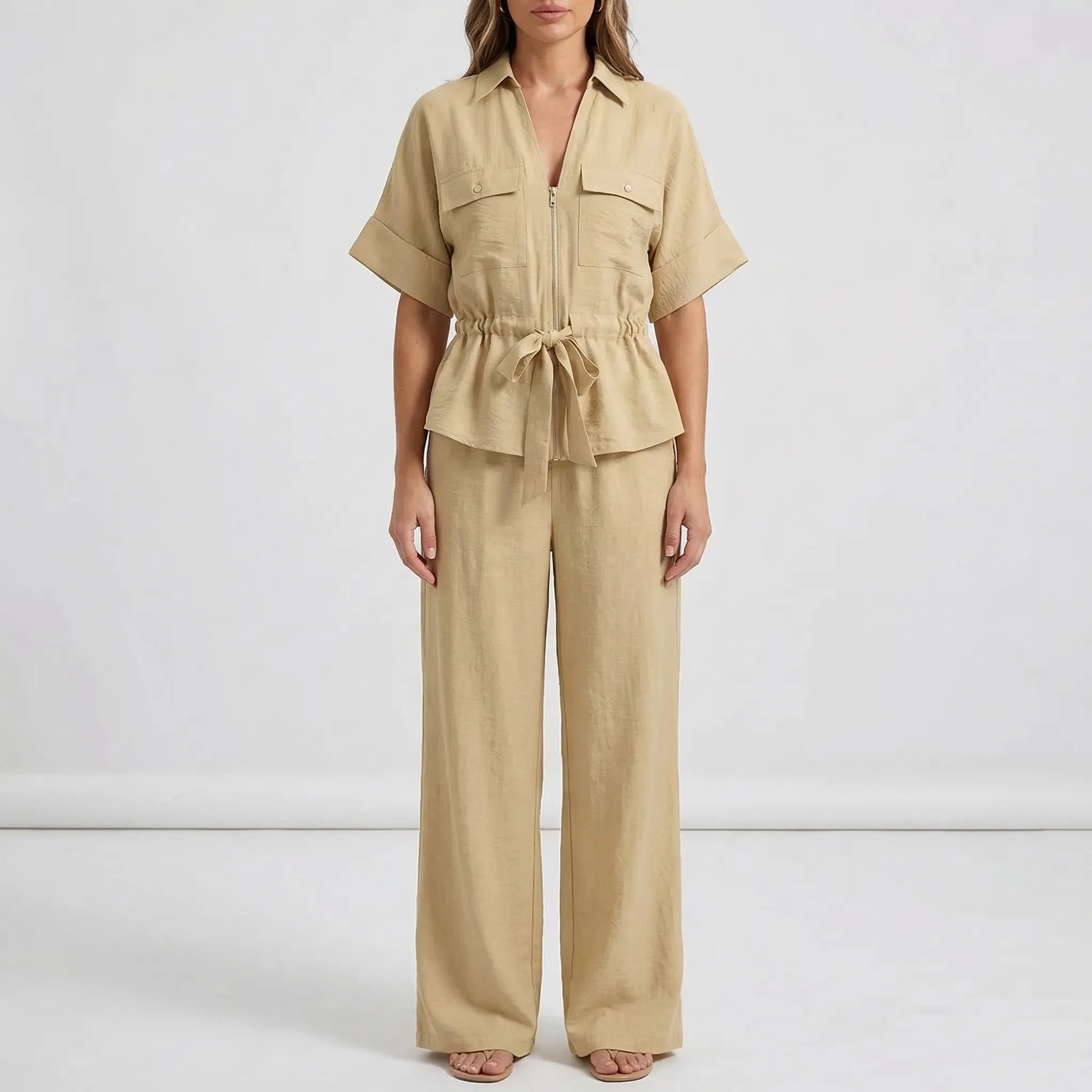 Damen Zweiteiler Set Hemd mit Gürtel und Hose mit weitem Bein