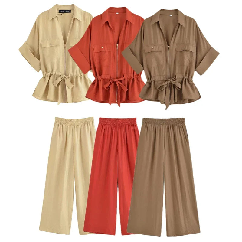 Damen Zweiteiler Set Hemd mit Gürtel und Hose mit weitem Bein