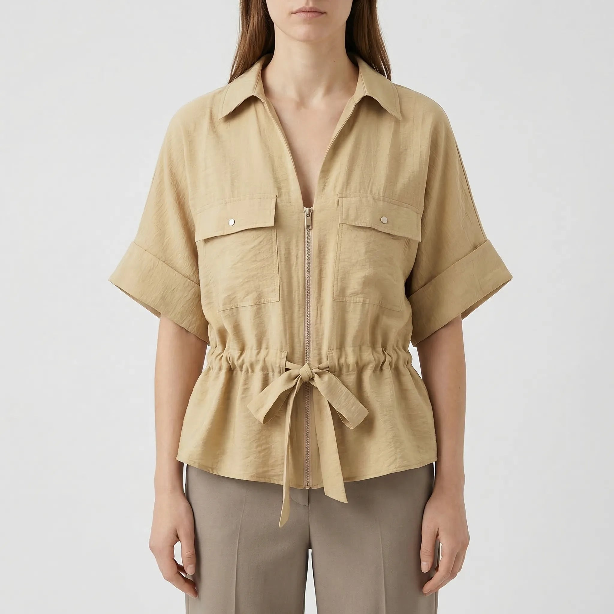 Damen Zweiteiler Set Hemd mit Gürtel und Hose mit weitem Bein