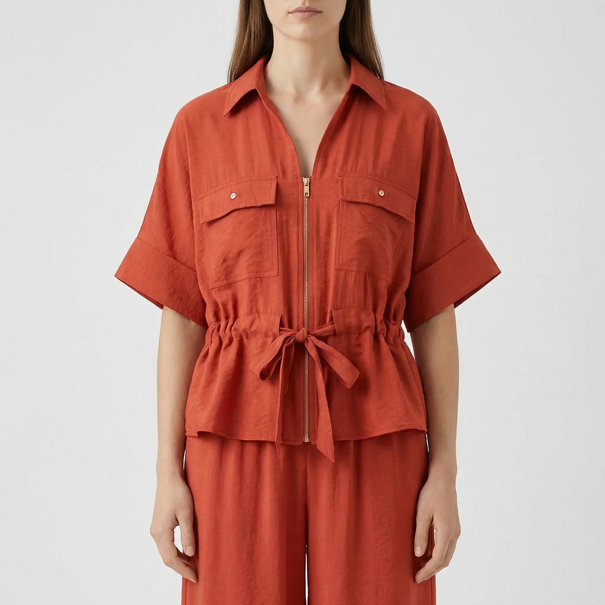 Damen Zweiteiler Set Hemd mit Gürtel und Hose mit weitem Bein