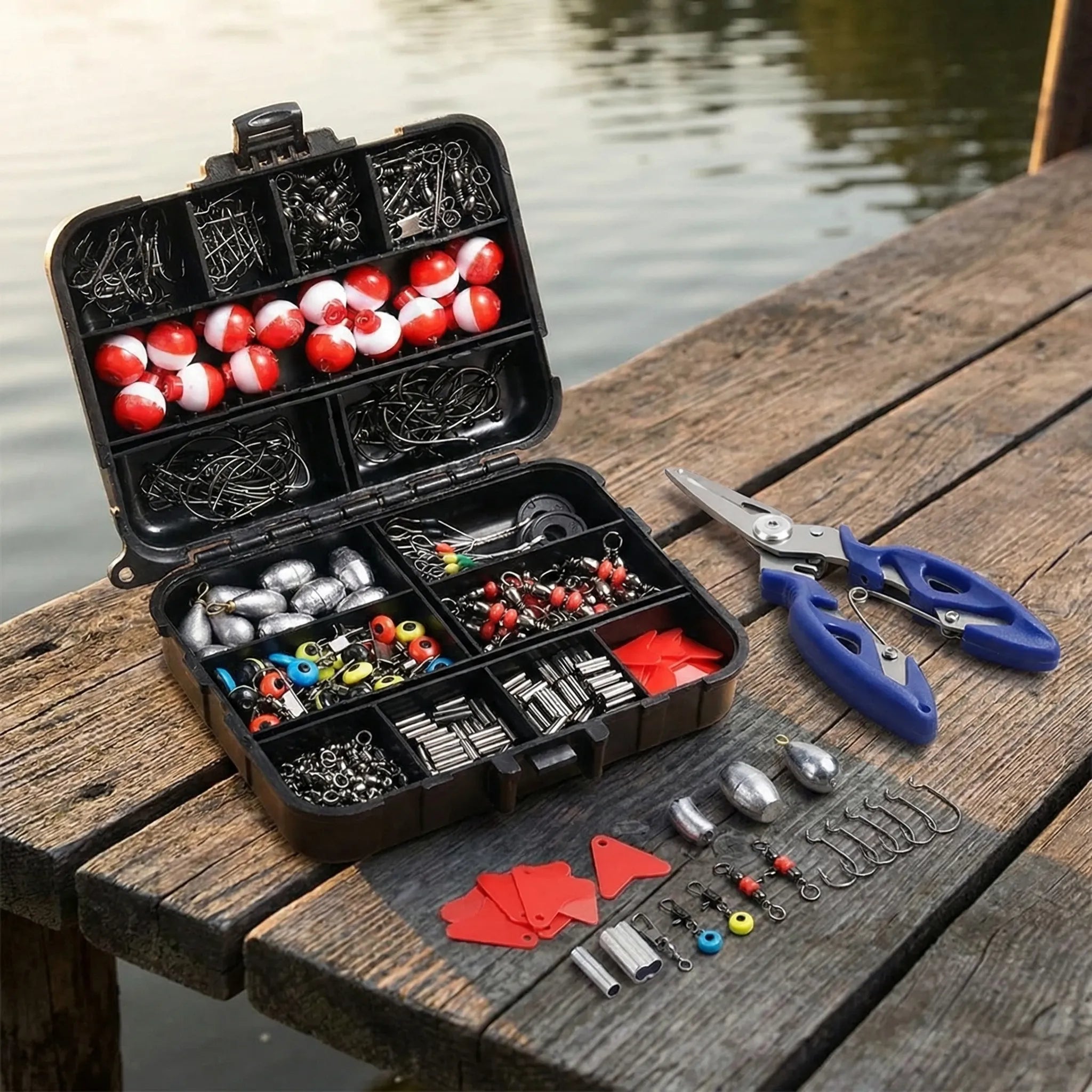Angelgerät Set 263-teilig mit Haken Senker Wirbel Schwimmer Zange Angelkasten