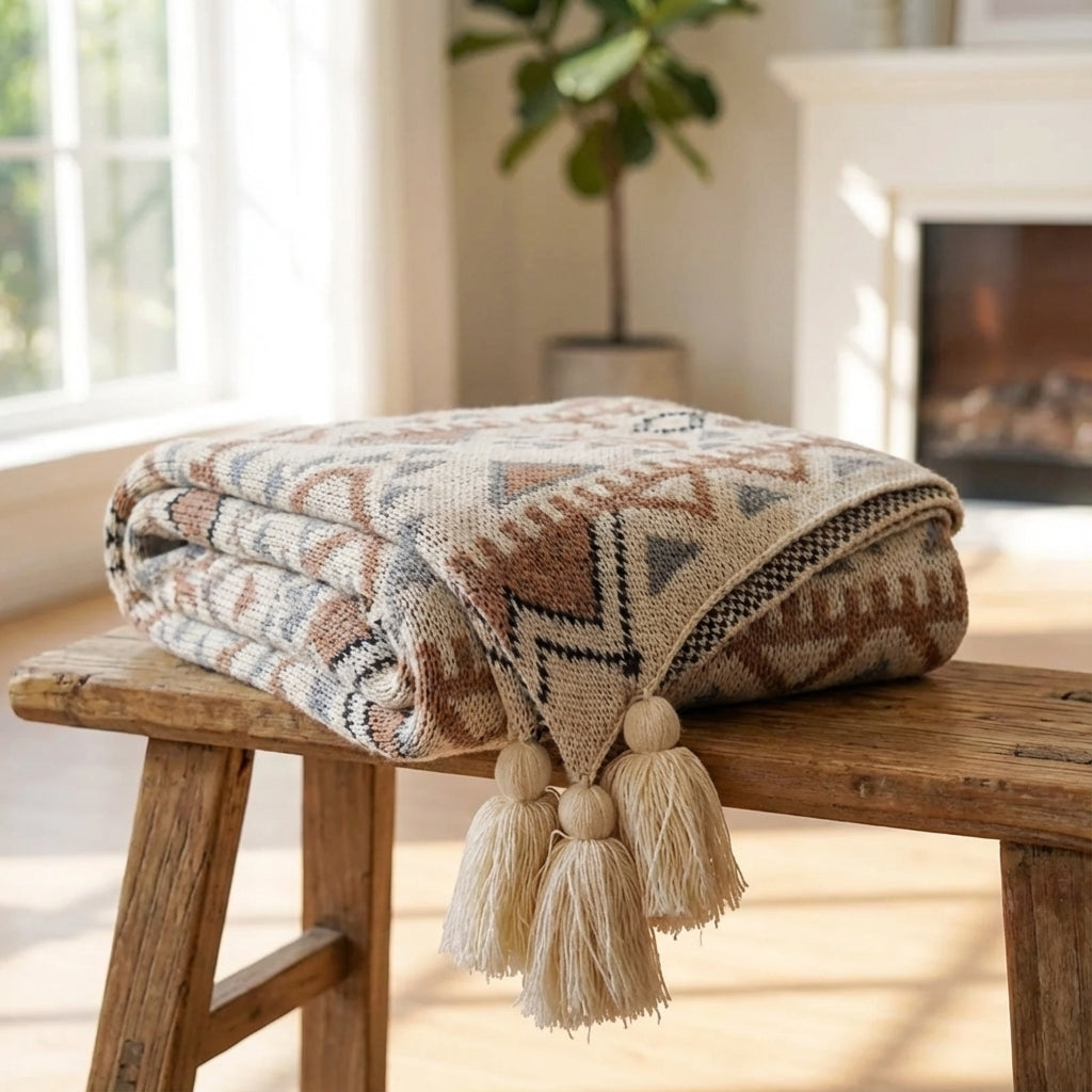Gestrickte Quastenwurfdecke mit neutralem Streifenmuster und Boho-Akzenten