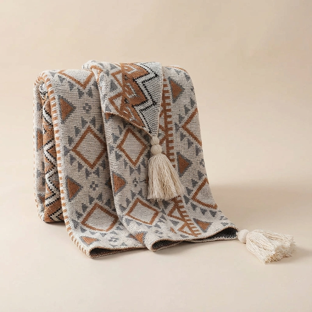 Gestrickte Quastenwurfdecke mit neutralem Streifenmuster und Boho-Akzenten