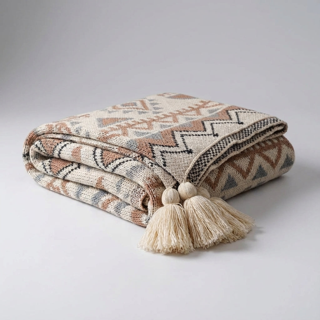 Gestrickte Quastenwurfdecke mit neutralem Streifenmuster und Boho-Akzenten