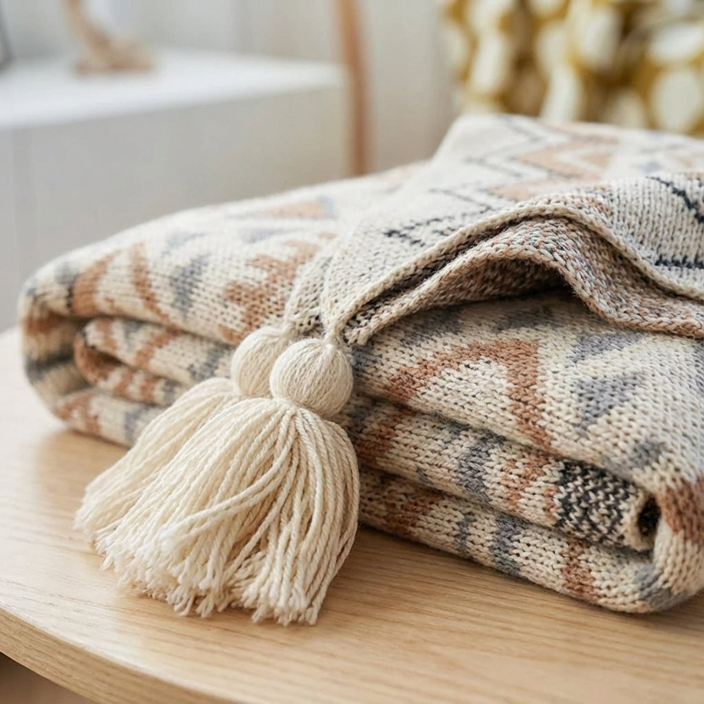 Gestrickte Quastenwurfdecke mit neutralem Streifenmuster und Boho-Akzenten