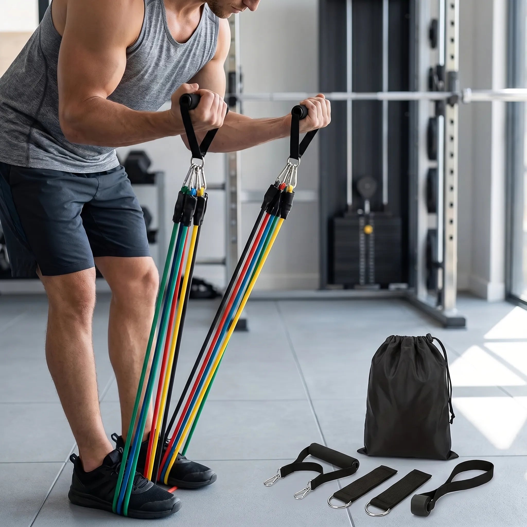 Widerstandsbänder-Set Ganzkörpertraining stapelbar mit Griffen und Riemen