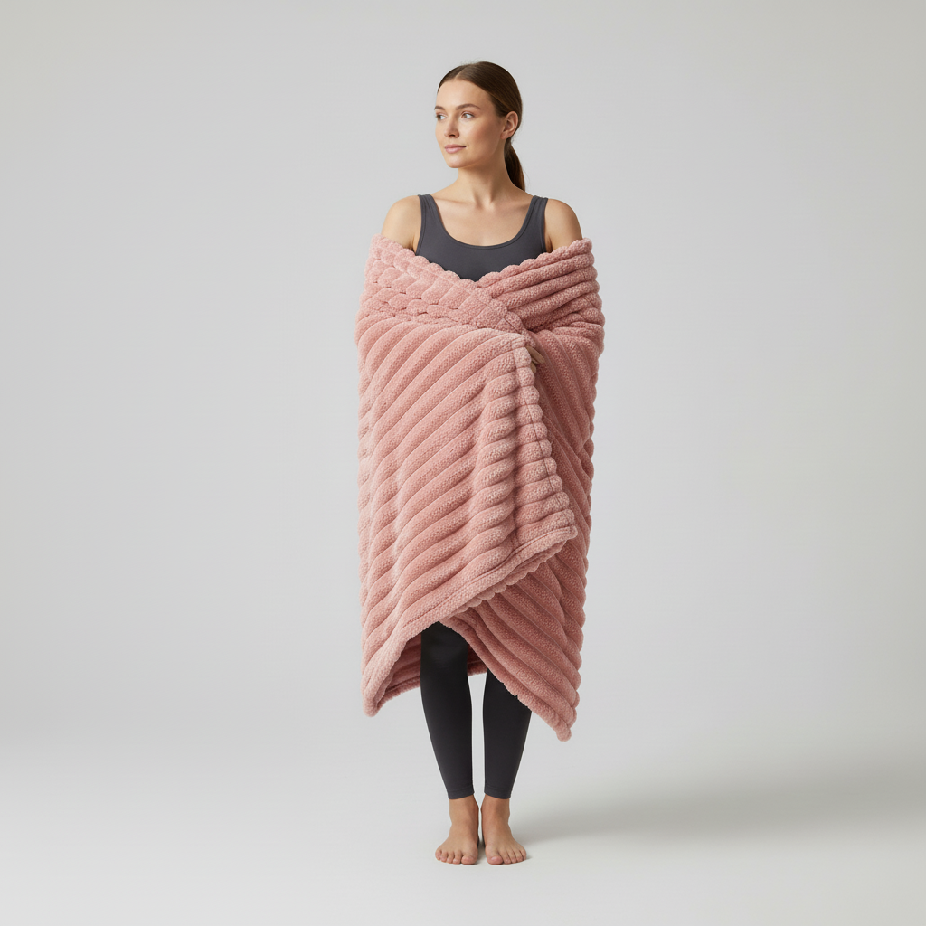 Flauschige Korallenfleece-Decke mit Streifenmuster übergroß warm