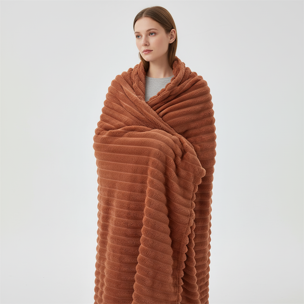 Flauschige Korallenfleece-Decke mit Streifenmuster übergroß warm