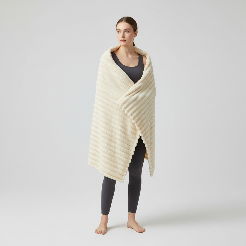 Flauschige Korallenfleece-Decke mit Streifenmuster übergroß warm